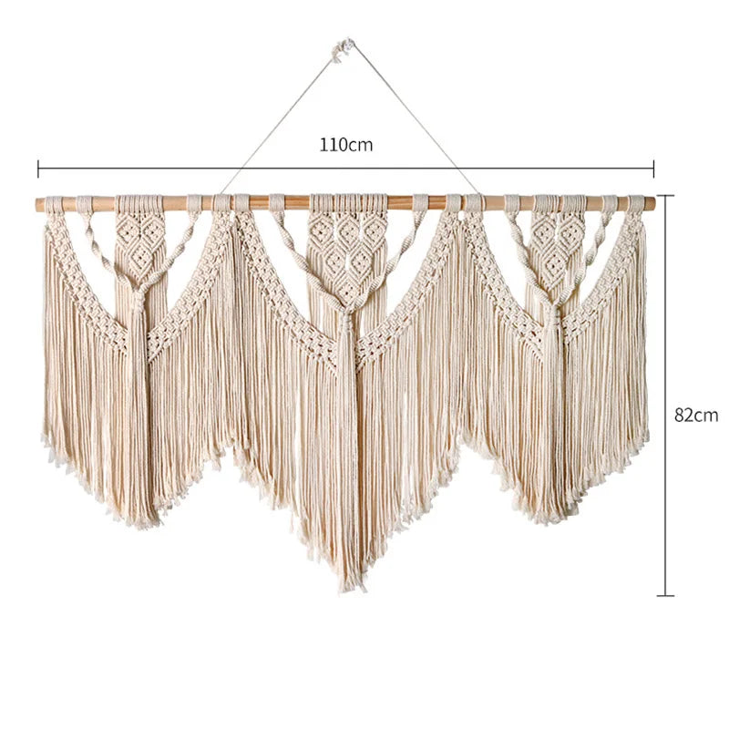 Large Boho Macrame Wall Hanging with Wooden Stick and Tassels