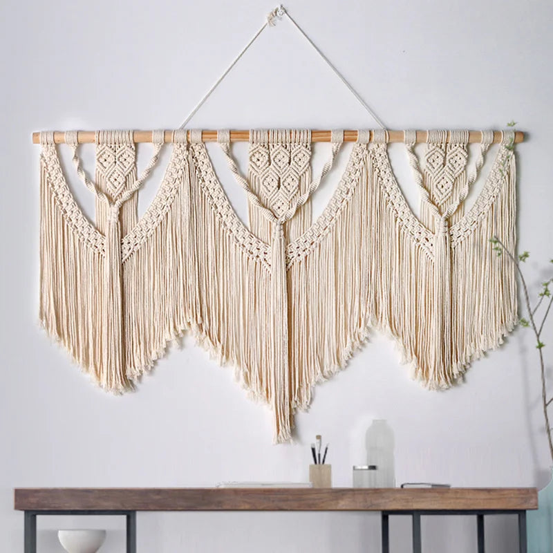 Large Boho Macrame Wall Hanging with Wooden Stick and Tassels