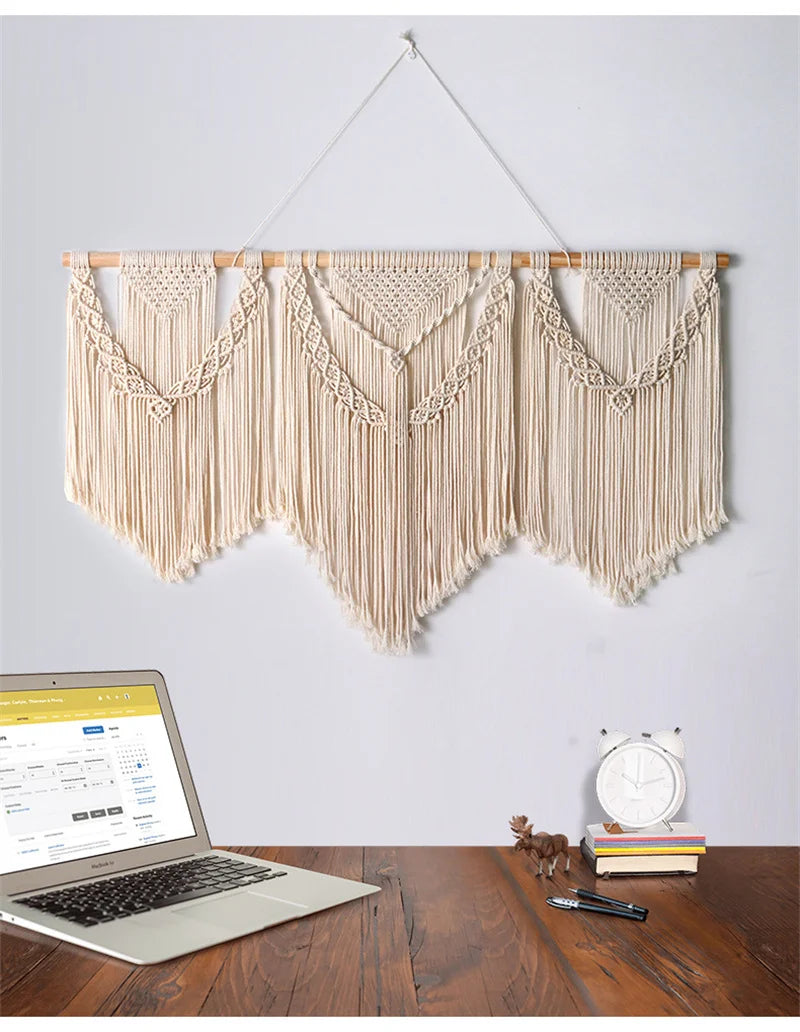 Large Boho Macrame Wall Hanging with Wooden Stick and Tassels