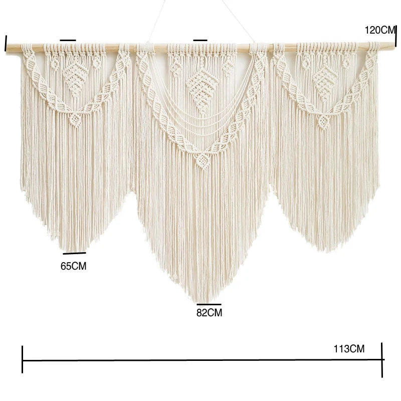 Large Boho Macrame Wall Hanging with Wooden Stick and Tassels