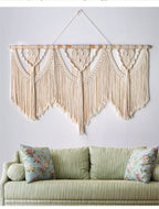 Large Boho Macrame Wall Hanging with Wooden Stick and Tassels