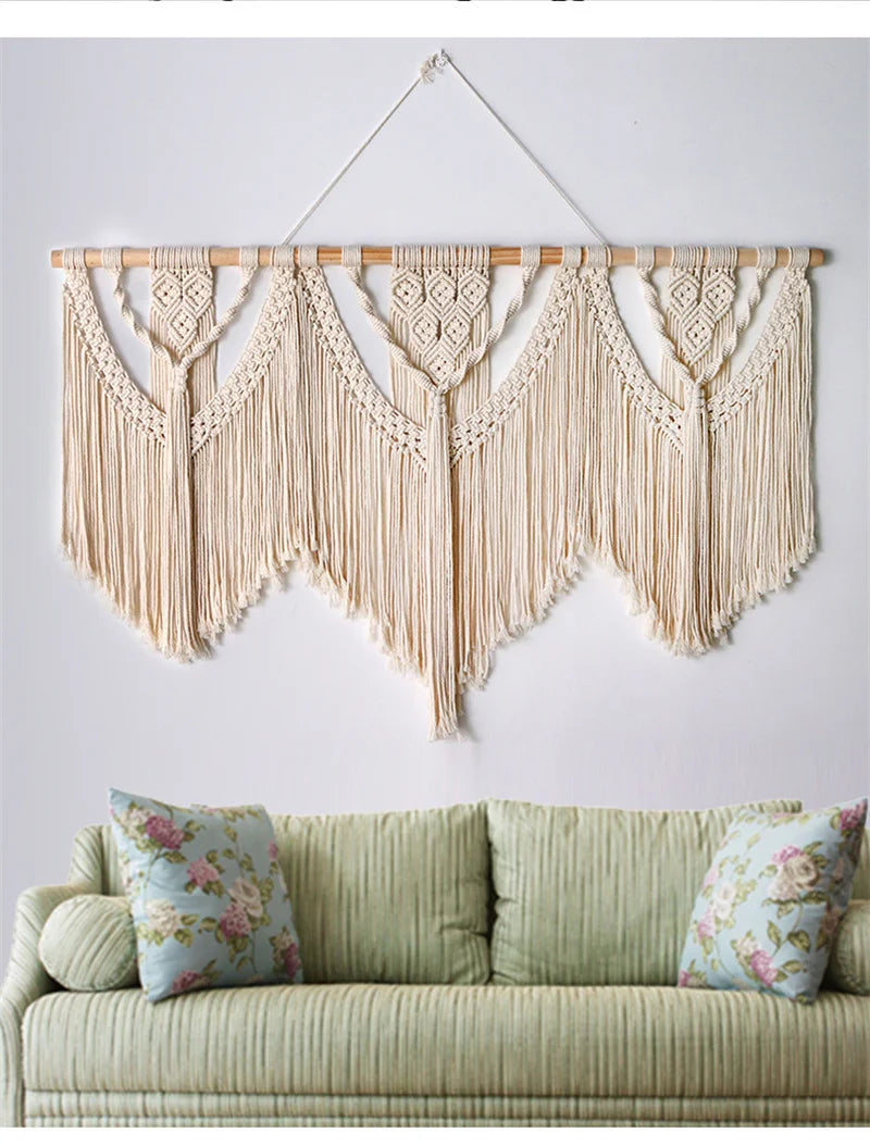 Large Boho Macrame Wall Hanging with Wooden Stick and Tassels