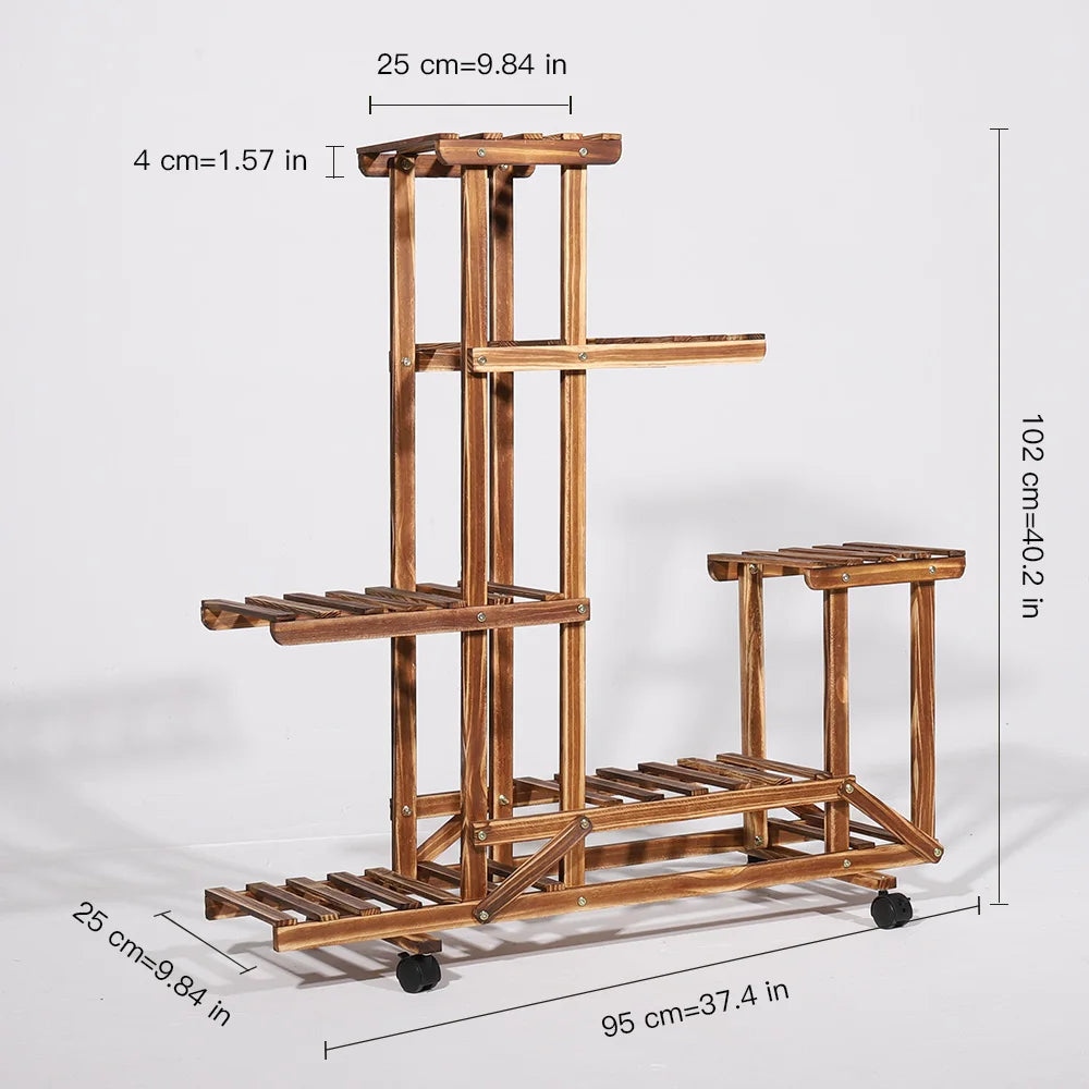 Multi-Layer Wood Plant Stand Rack Rolling Flower Pot Holder with Wheels, 5-Tier Indoor Outdoor