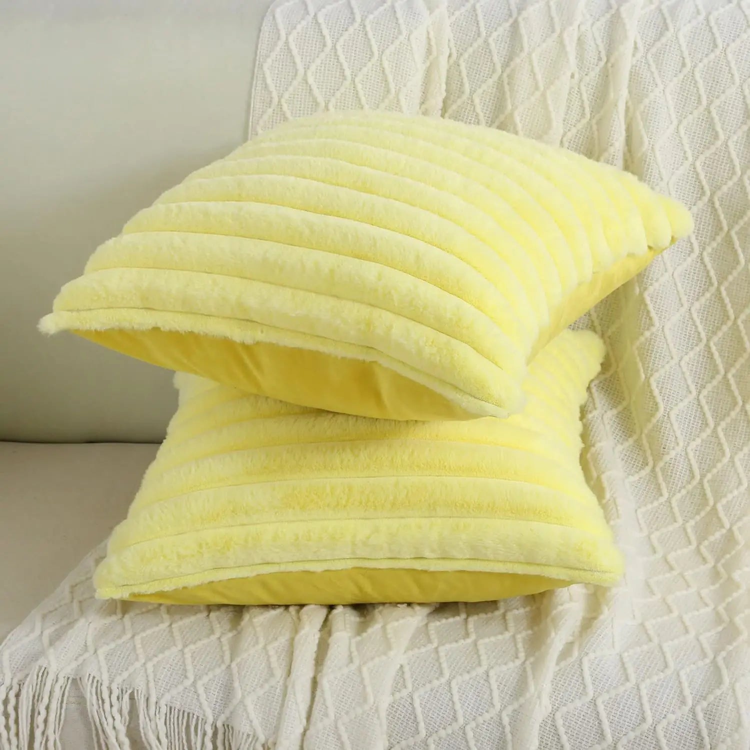 Faux Rabbit Fur Throw Pillow Cover 24x24 Striped Soft Sofa Cushion