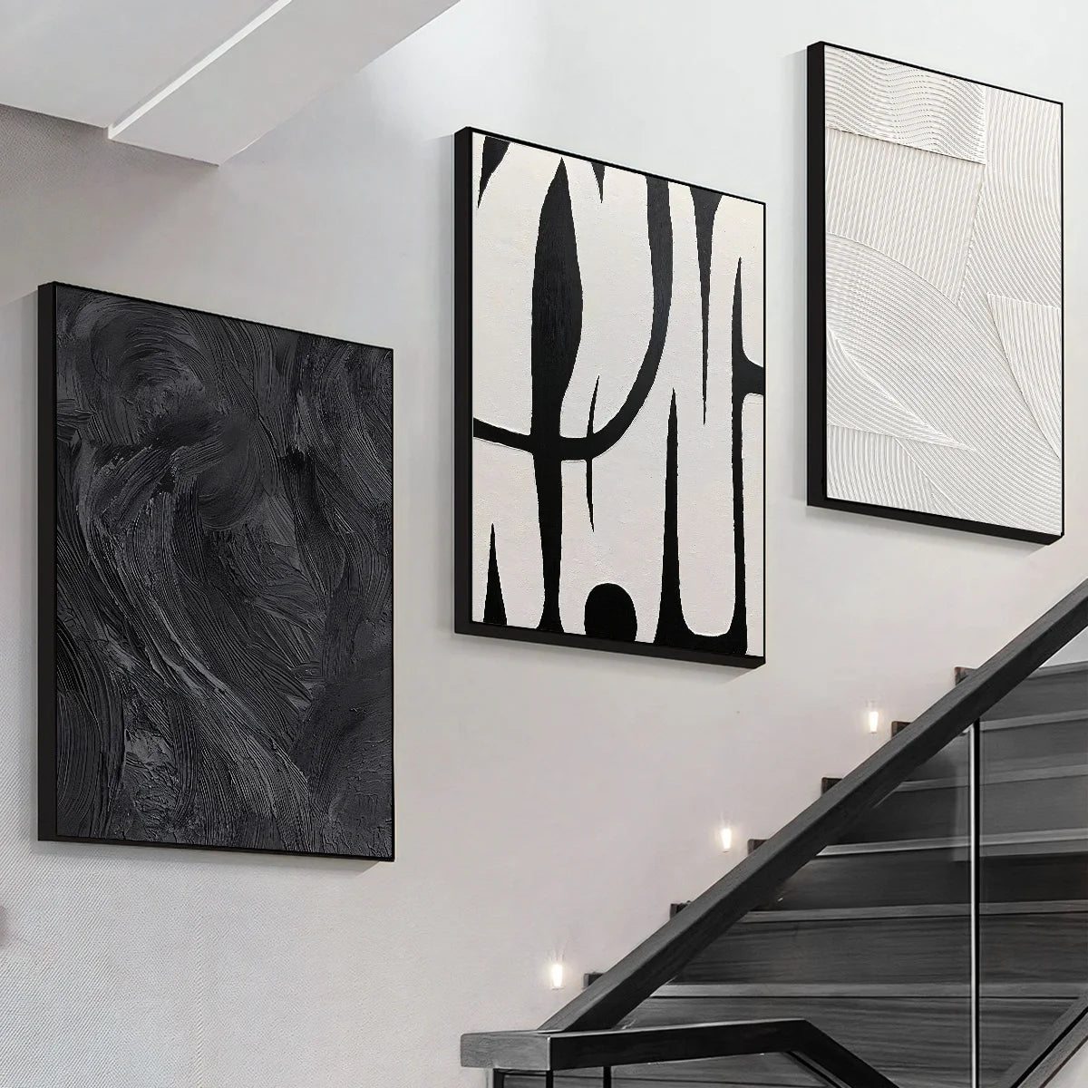 Abstract Black & White Canvas Wall Art Set of 3 | Texture Prints