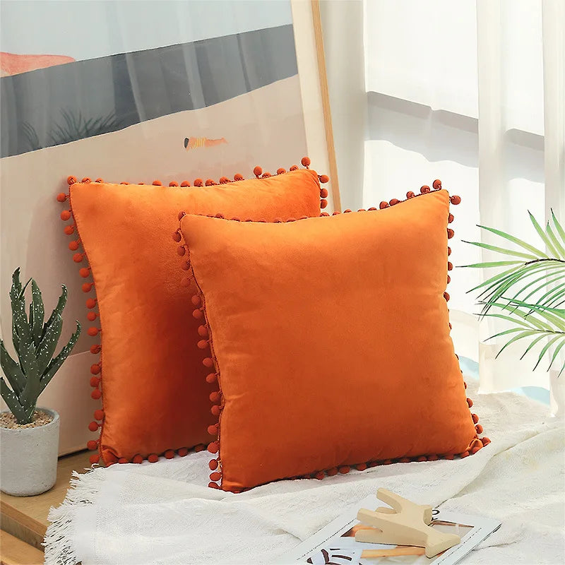 Burgundy Velvet Throw Pillow Cover with Pom Pom Trim