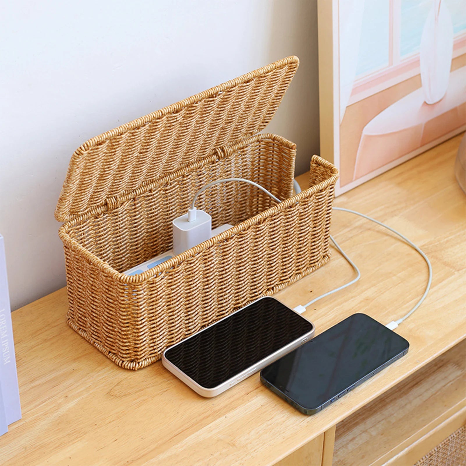 Charging Station Storage Box Hand-Woven Cable Organizer Basket for USB & Data Cables