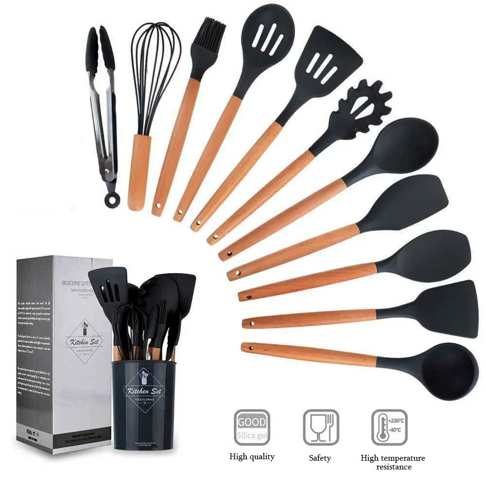 12-Piece Silicone Kitchen Utensil Set with Wooden Handles