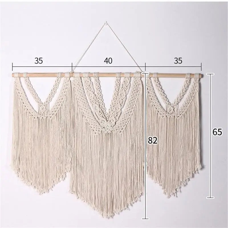 Large Boho Macrame Wall Hanging with Wooden Stick and Tassels