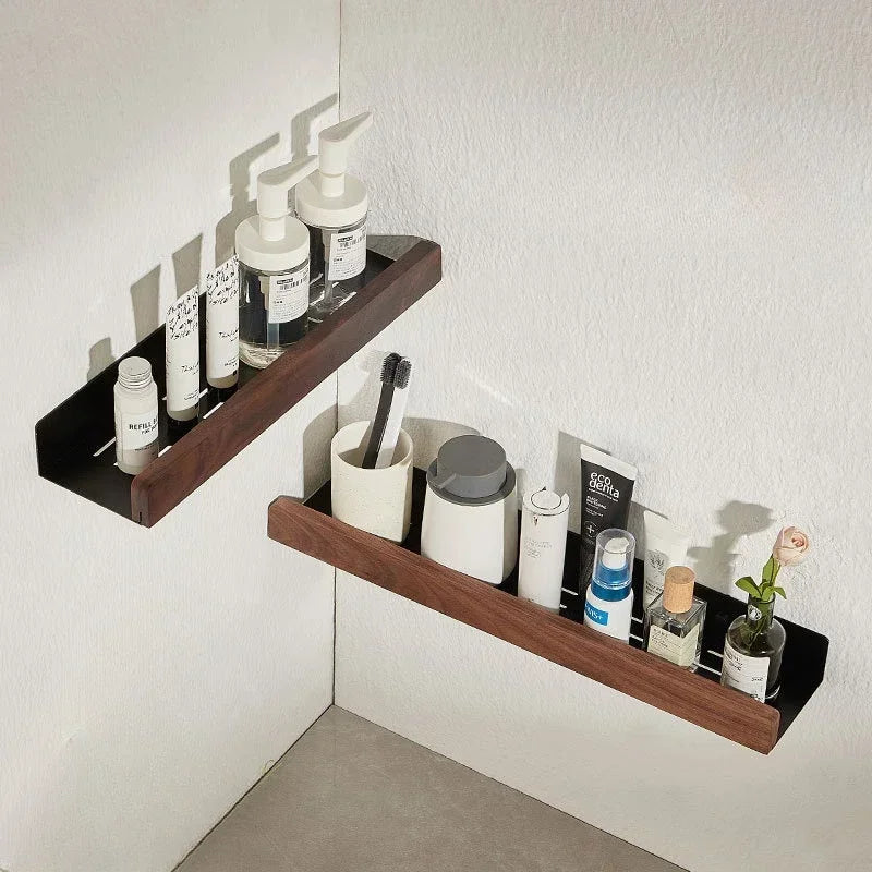 Wall Mounted Bathroom Shelf No Drill Solid Wood Storage Rack