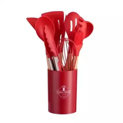 12-Piece Silicone Kitchen Utensil Set with Wooden Handles
