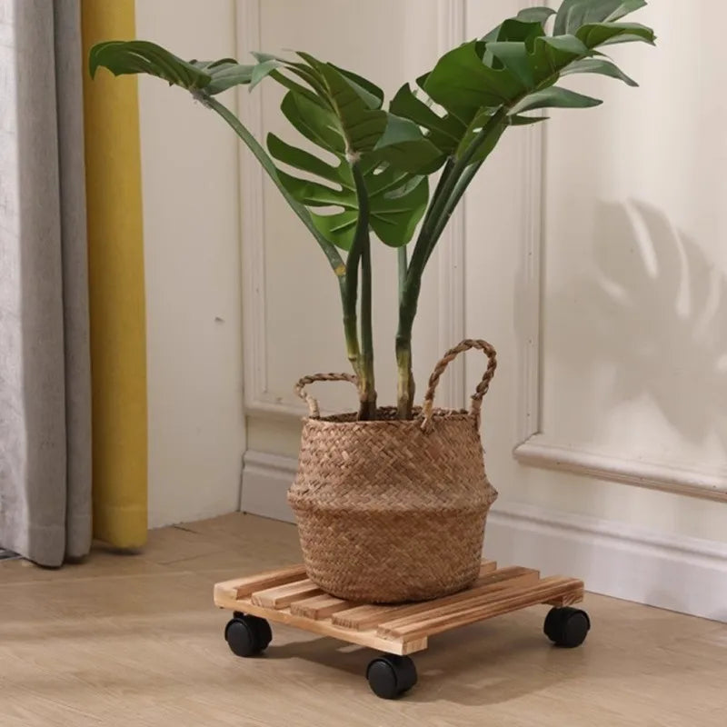 Wood Plant Stand Rack Rolling Flower Pot Tray Bonsai Holder with Wheels