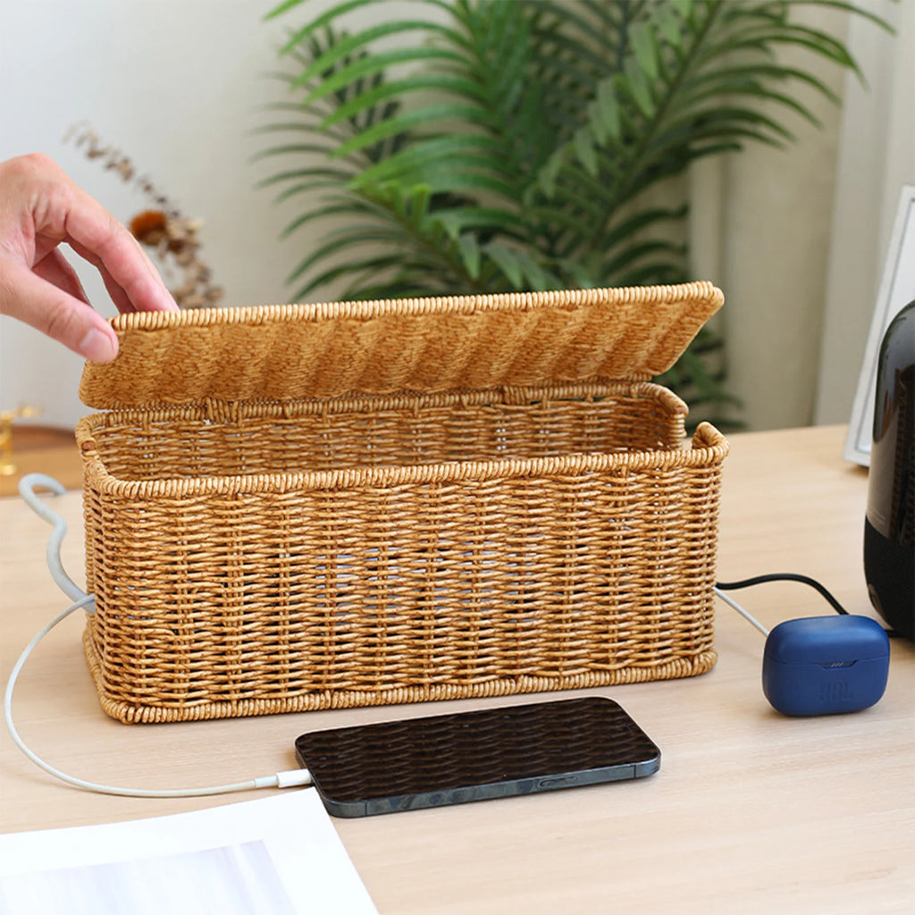 Charging Station Storage Box Hand-Woven Cable Organizer Basket for USB & Data Cables