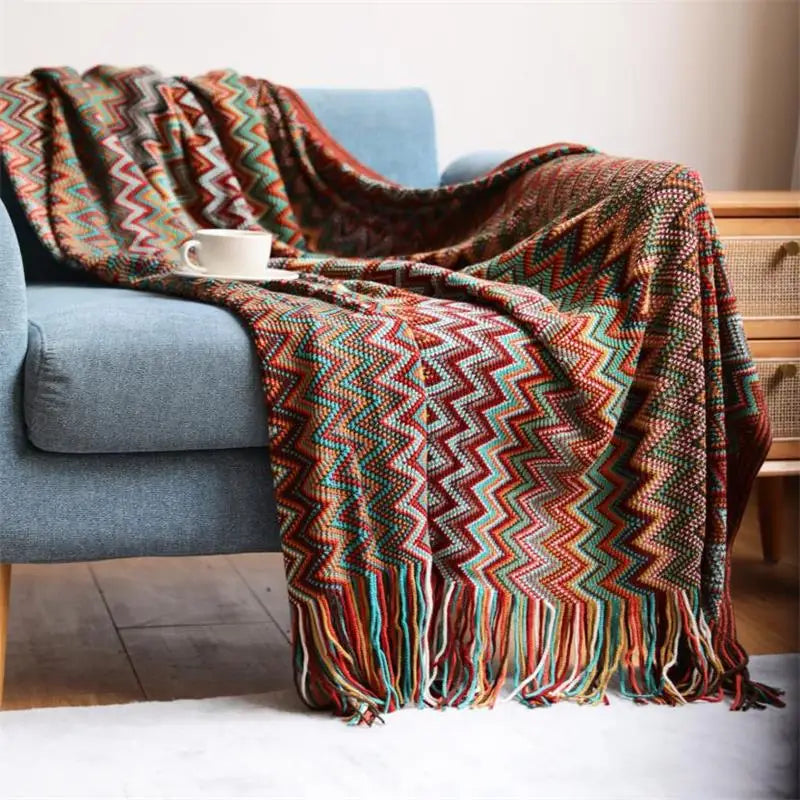 Hand Knitted Blanket with Tassel | Bohemian Soft Acrylic Throw