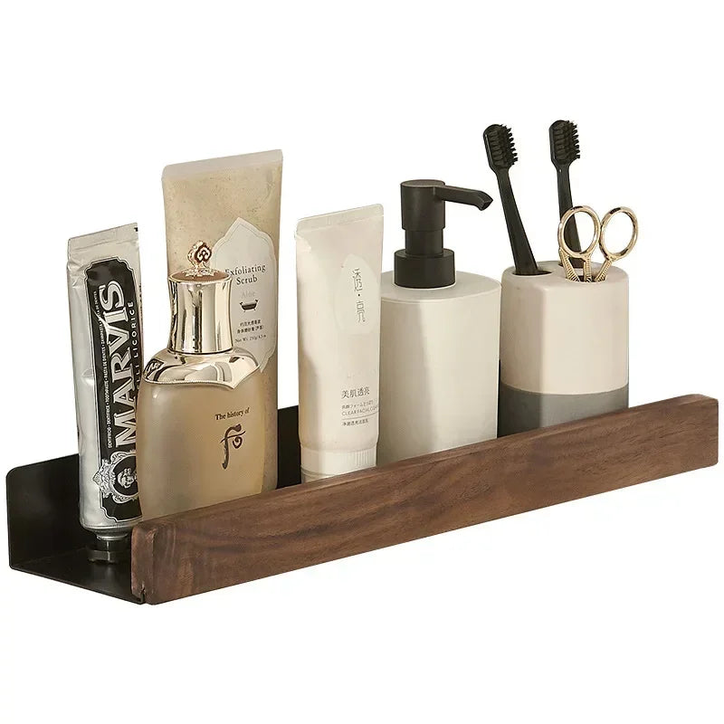 Wall Mounted Bathroom Shelf No Drill Solid Wood Storage Rack