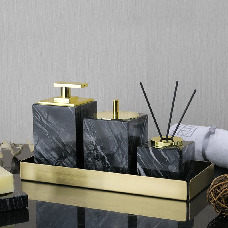 Black Marble Bathroom Accessories Set – Toothbrush Holder, Soap Dispenser & Dish Tray