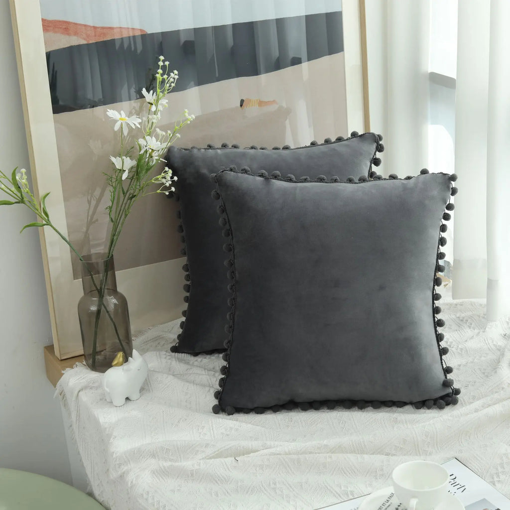 Burgundy Velvet Throw Pillow Cover with Pom Pom Trim