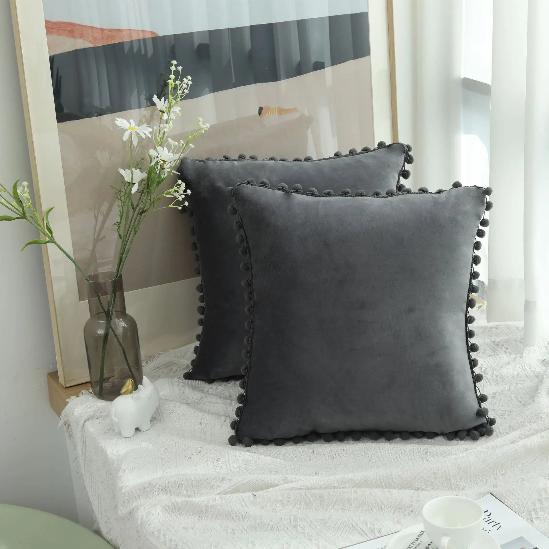 Burgundy Velvet Throw Pillow Cover with Pom Pom Trim
