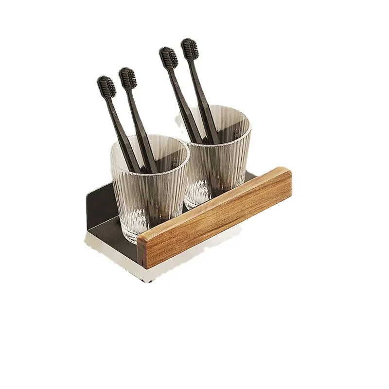 Wall Mounted Bathroom Shelf No Drill Solid Wood Storage Rack