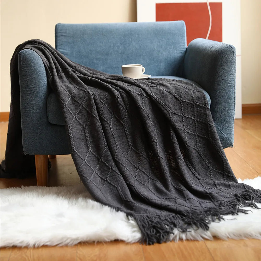 Chunky Knit Throw Blanket with Tassels – Khaki Farmhouse Oversized