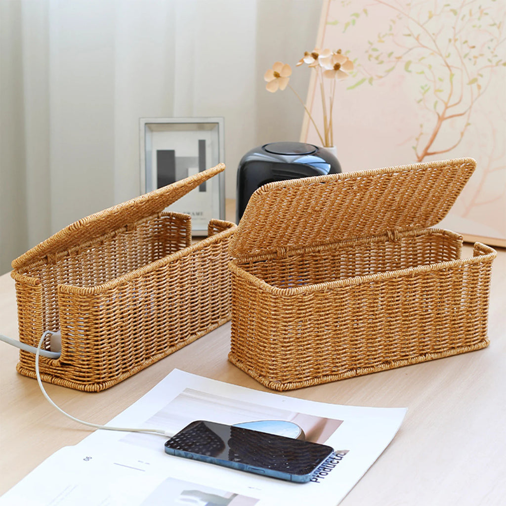 Charging Station Storage Box Hand-Woven Cable Organizer Basket for USB & Data Cables