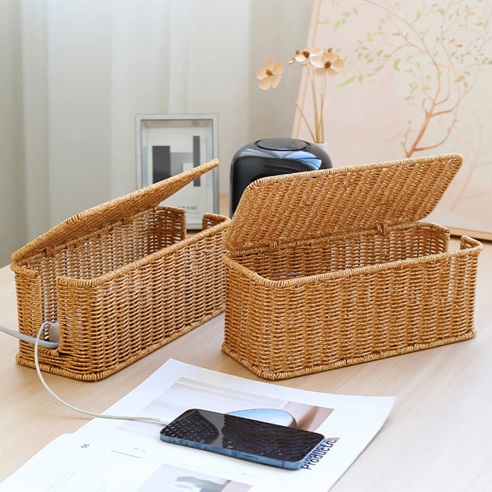 Charging Station Storage Box Hand-Woven Cable Organizer Basket for USB & Data Cables