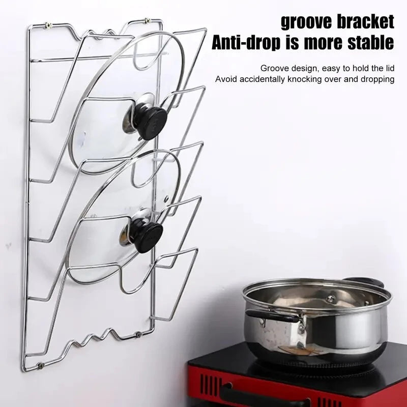 5-Tier Wall Mounted Pot Lid Rack & Pan Organizer – Stainless Steel
