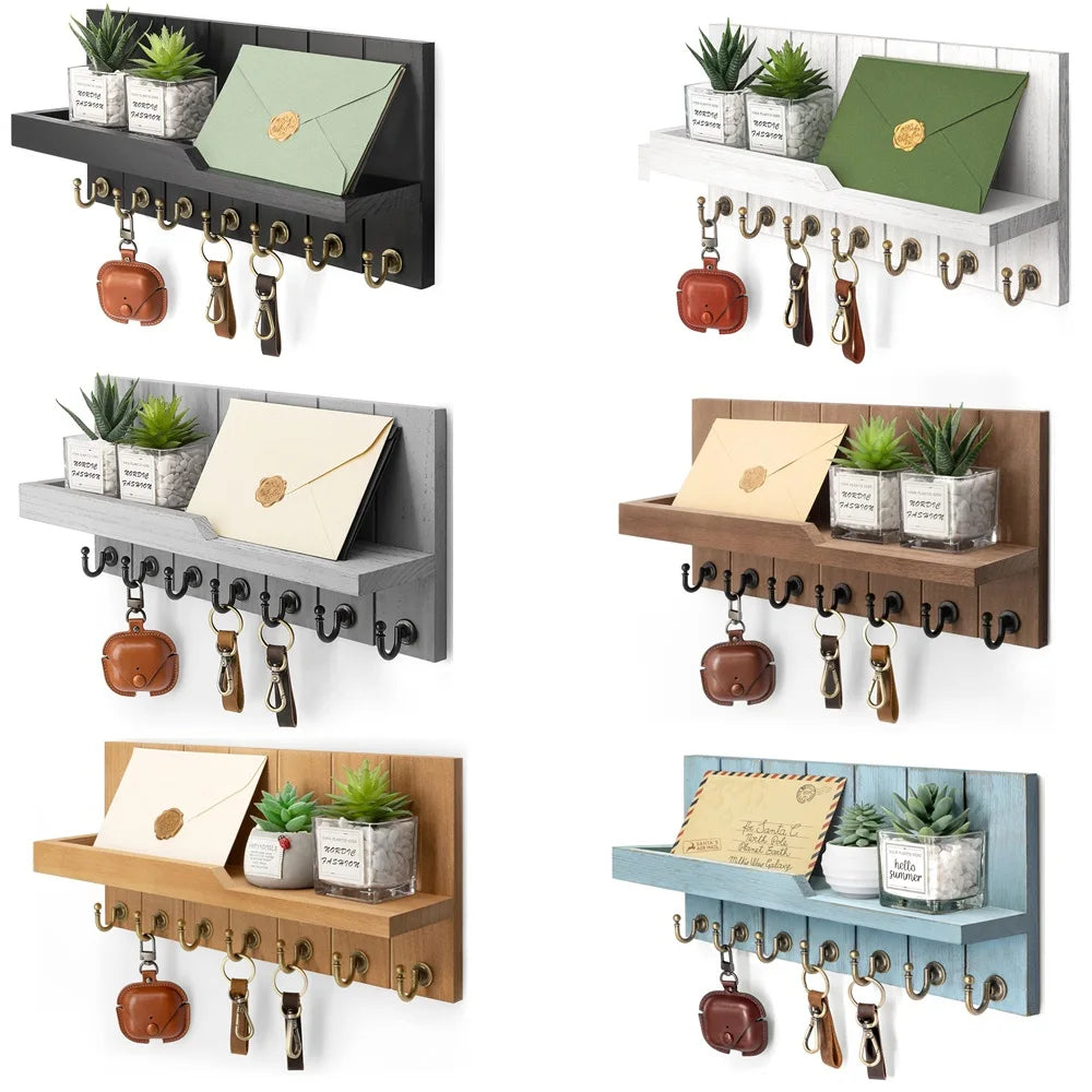 Wooden Key Holder Wall Mounted with Shelf and 7 Hooks for Entryway