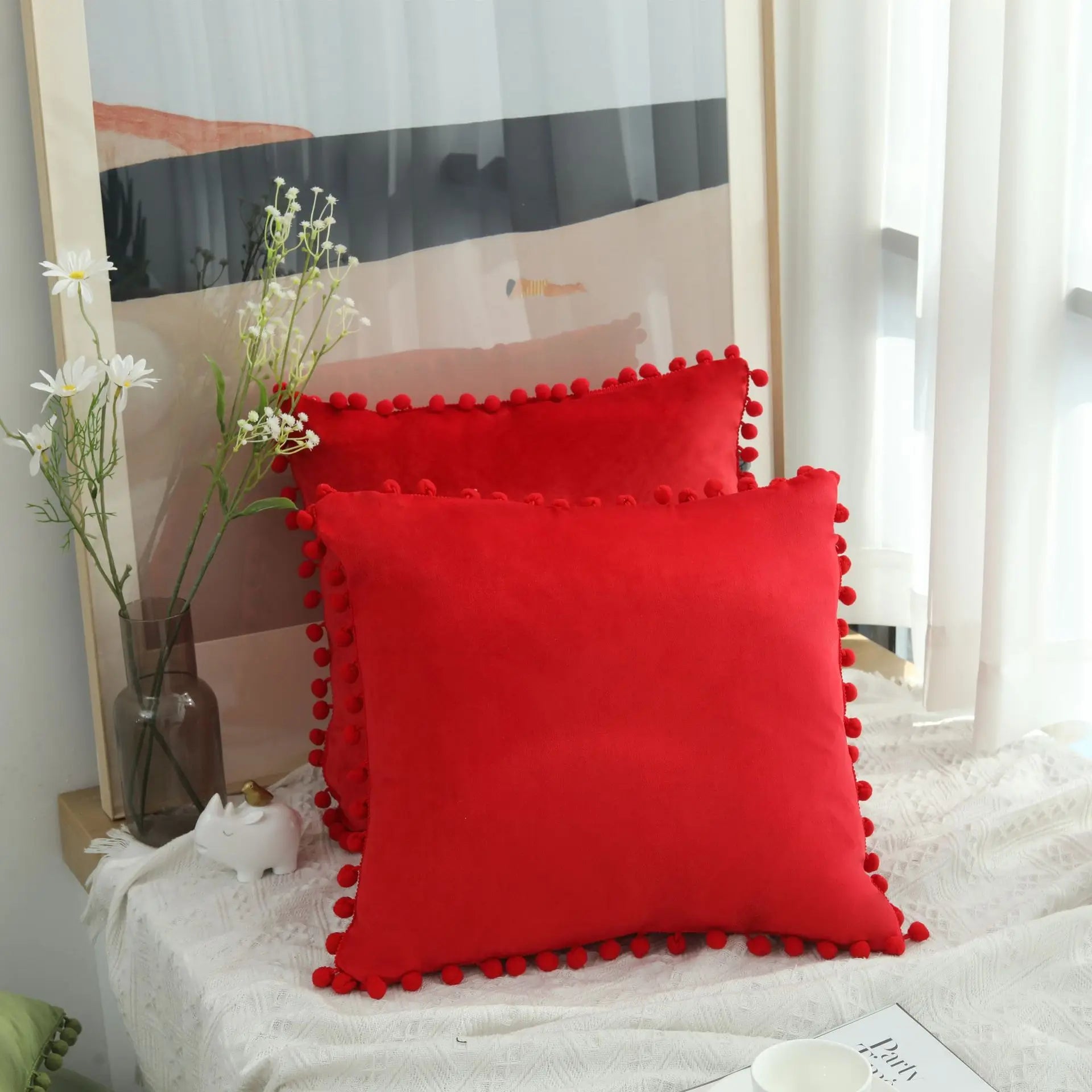 Burgundy Velvet Throw Pillow Cover with Pom Pom Trim
