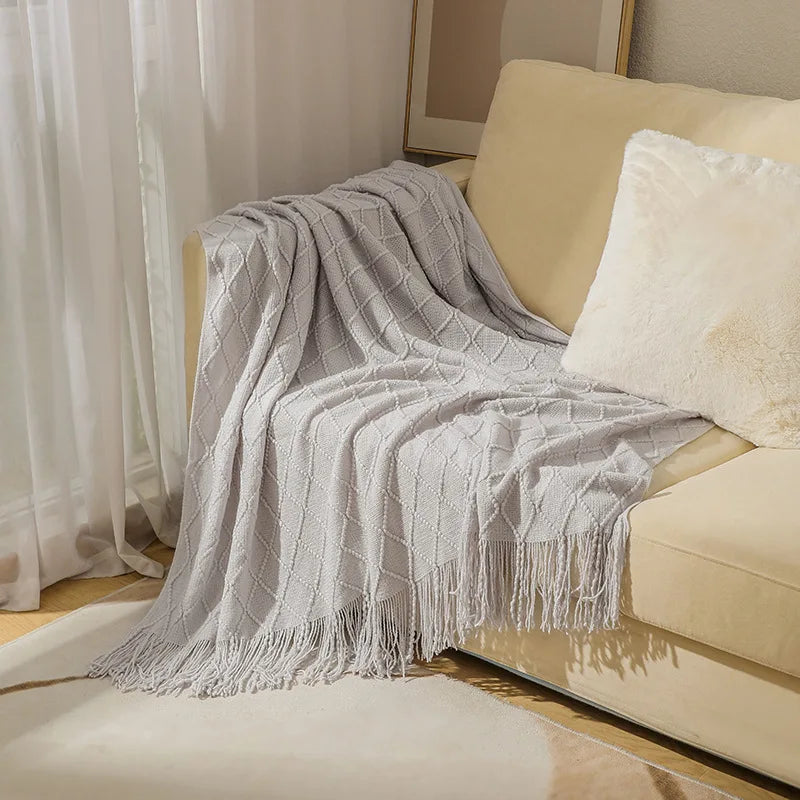 Chunky Knit Throw Blanket with Tassels – Khaki Farmhouse Oversized