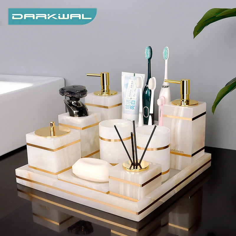White Onyx Natural Marble Bathroom Accessories Set with Gold Accents