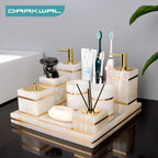 White Onyx Natural Marble Bathroom Accessories Set with Gold Accents