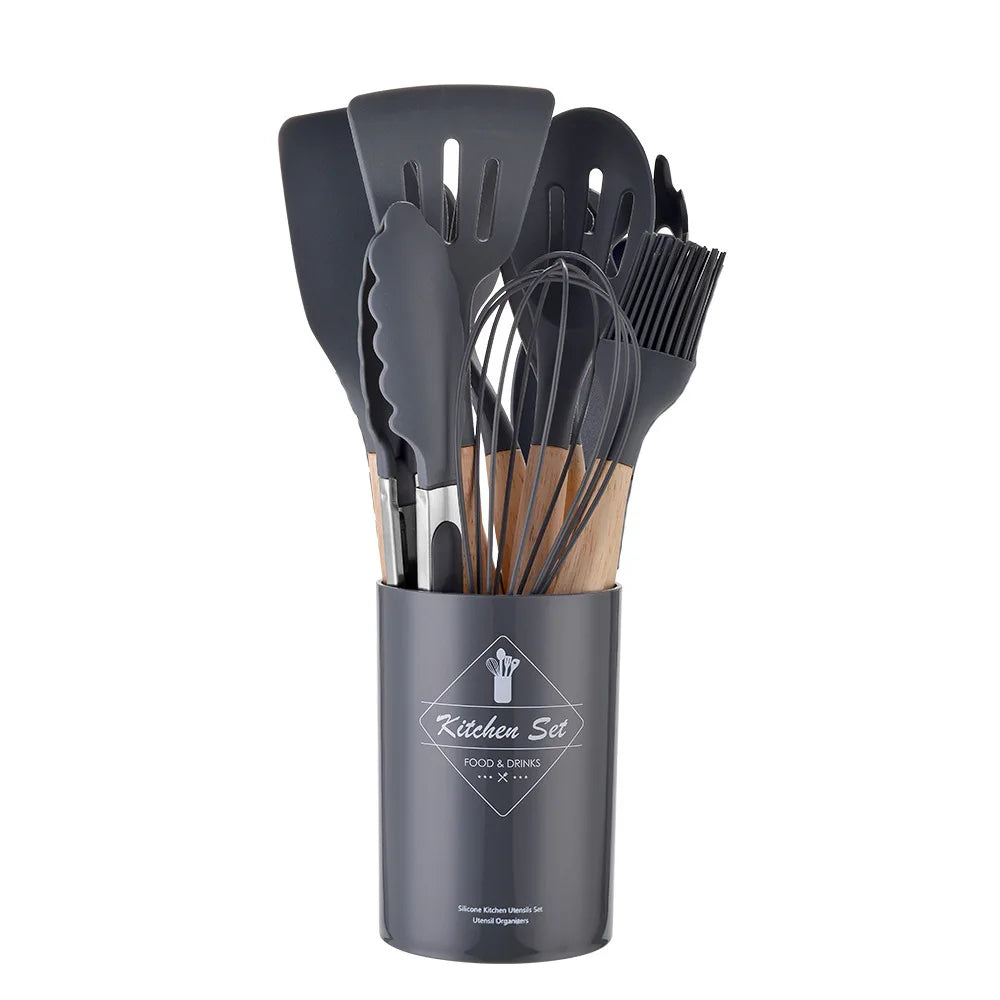 12-Piece Silicone Kitchen Utensil Set with Wood Handles
