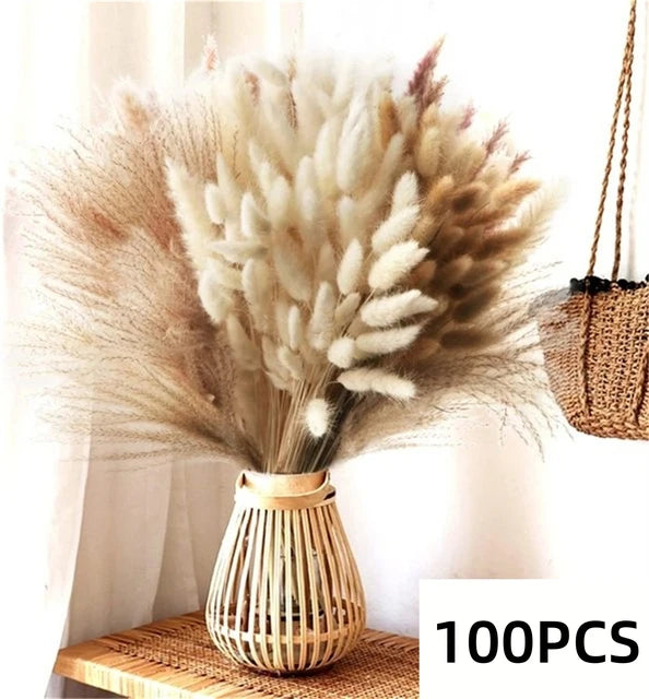 Natural Pampas Grass Dried Bouquet with Bunny Tails for Boho Vase Decor