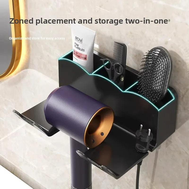 Wall Mounted Hair Dryer Holder No Drill 2-in-1 Compact Storage Rack