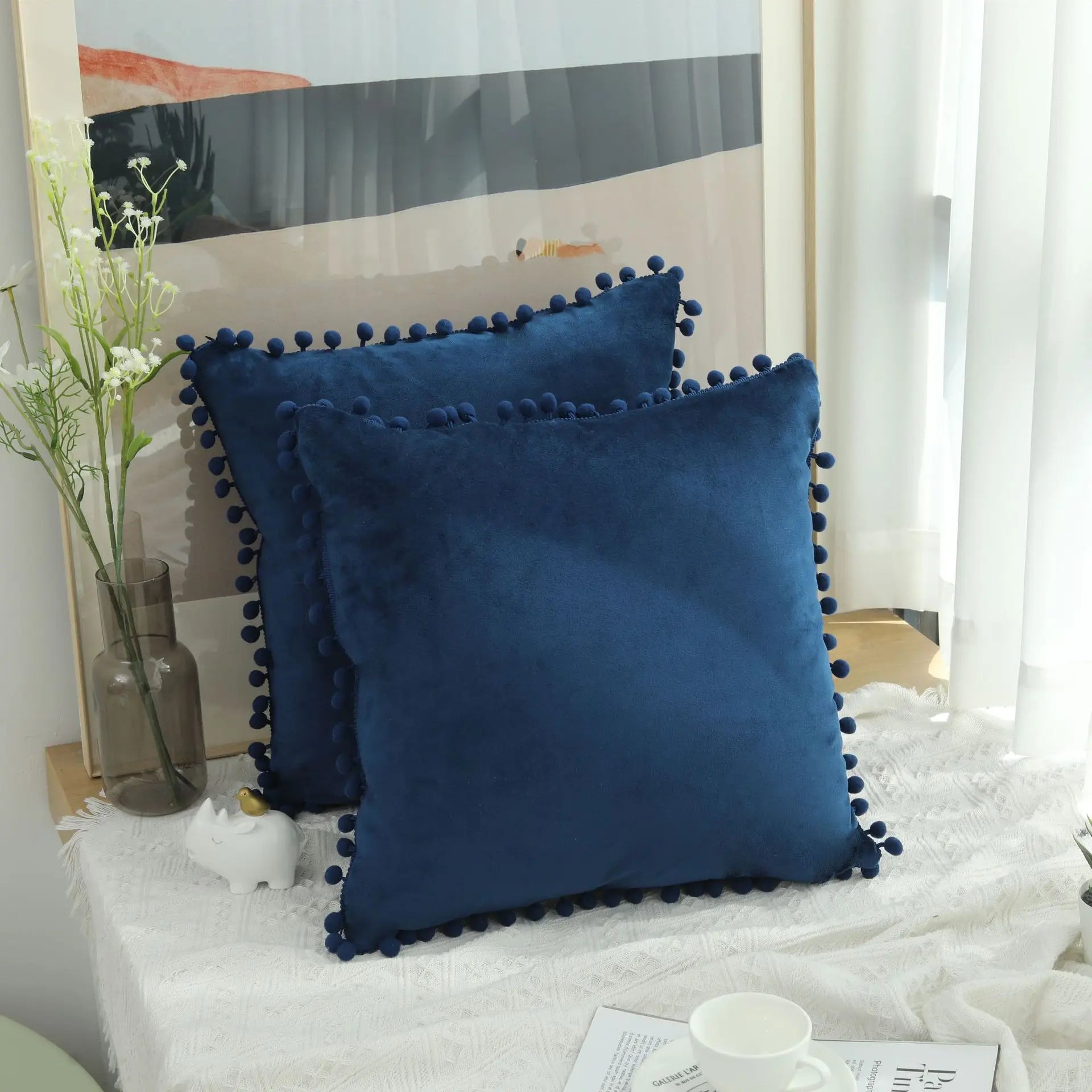 Burgundy Velvet Throw Pillow Cover with Pom Pom Trim