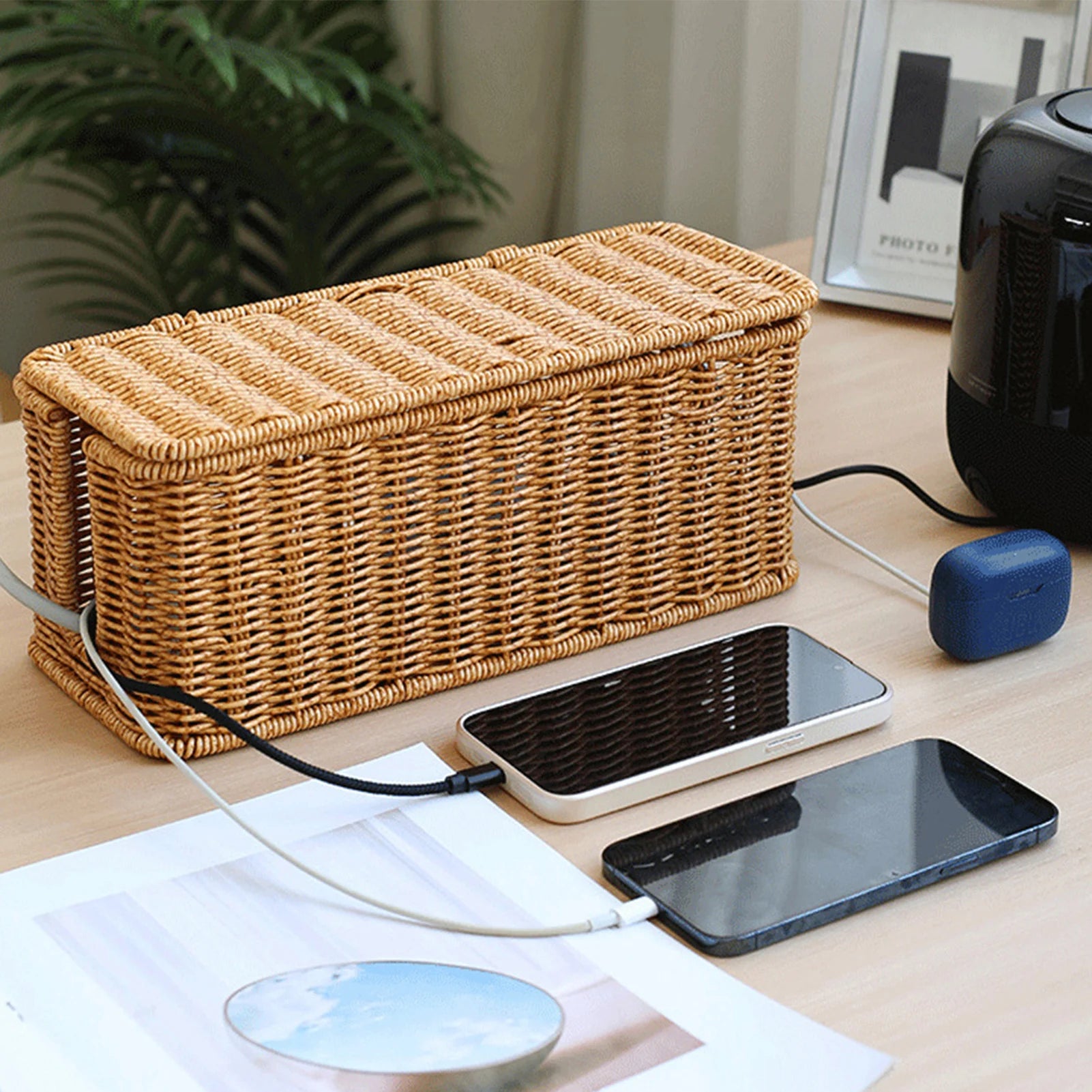 Charging Station Storage Box Hand-Woven Cable Organizer Basket for USB & Data Cables