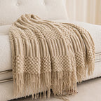 Chunky Knit Throw Blanket with Tassels – Khaki Farmhouse Oversized
