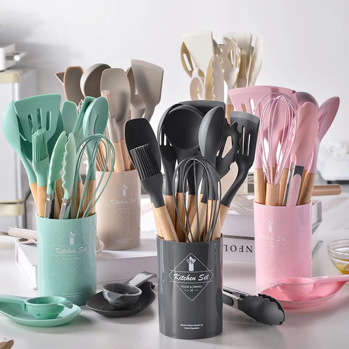 12-Piece Silicone Kitchen Utensil Set with Wooden Handles