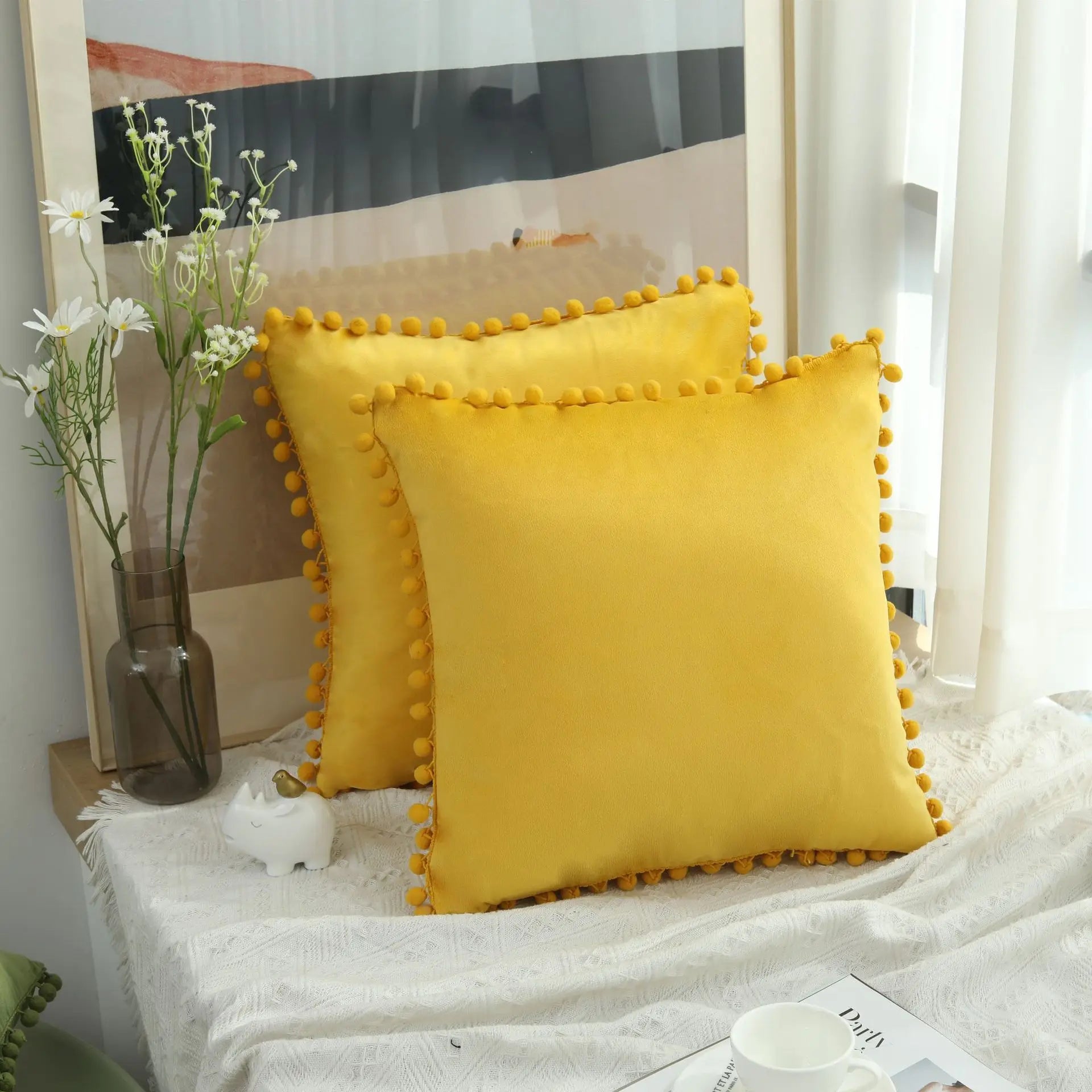 Burgundy Velvet Throw Pillow Cover with Pom Pom Trim
