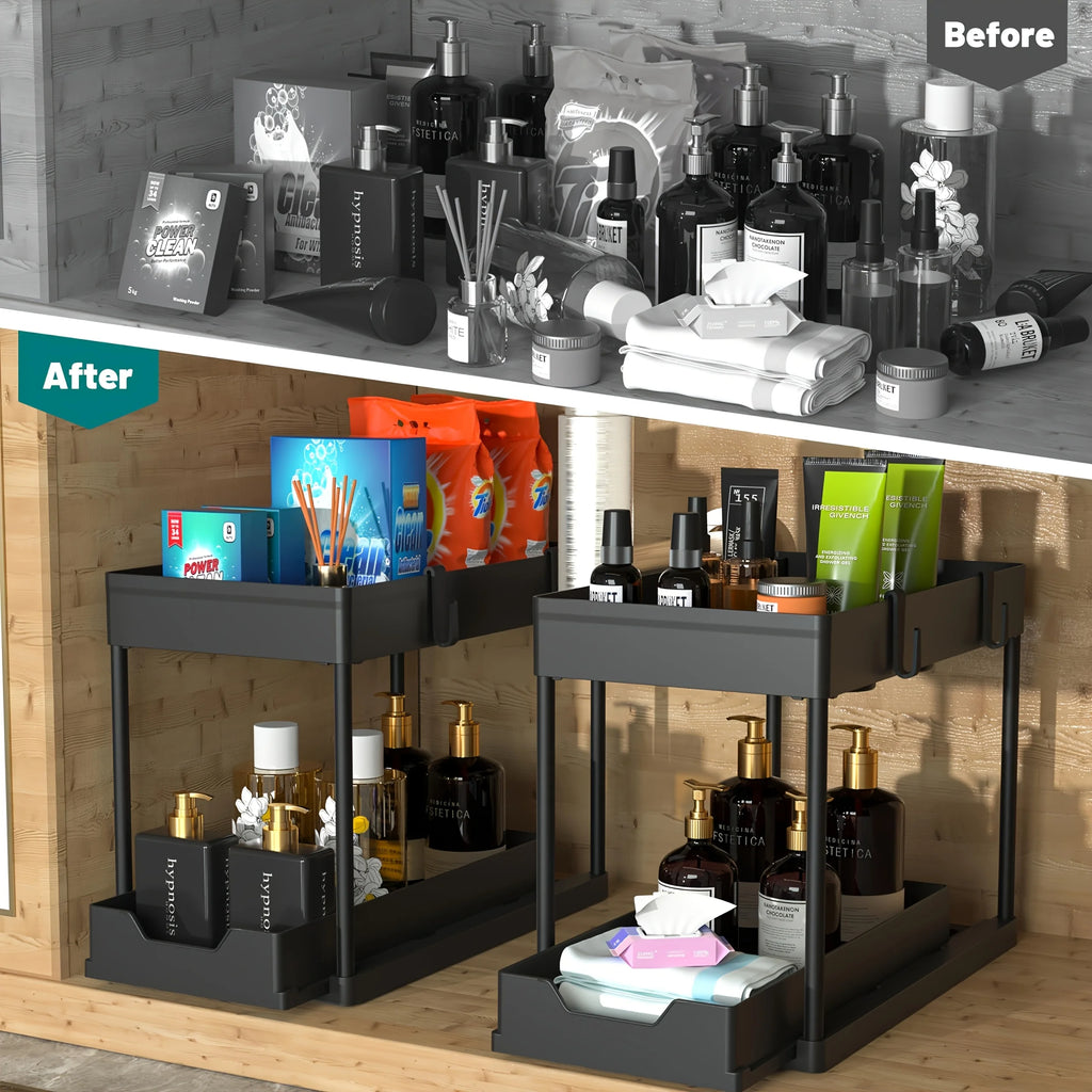 2-Tier Under Sink Organizer with Sliding Baskets and Hooks