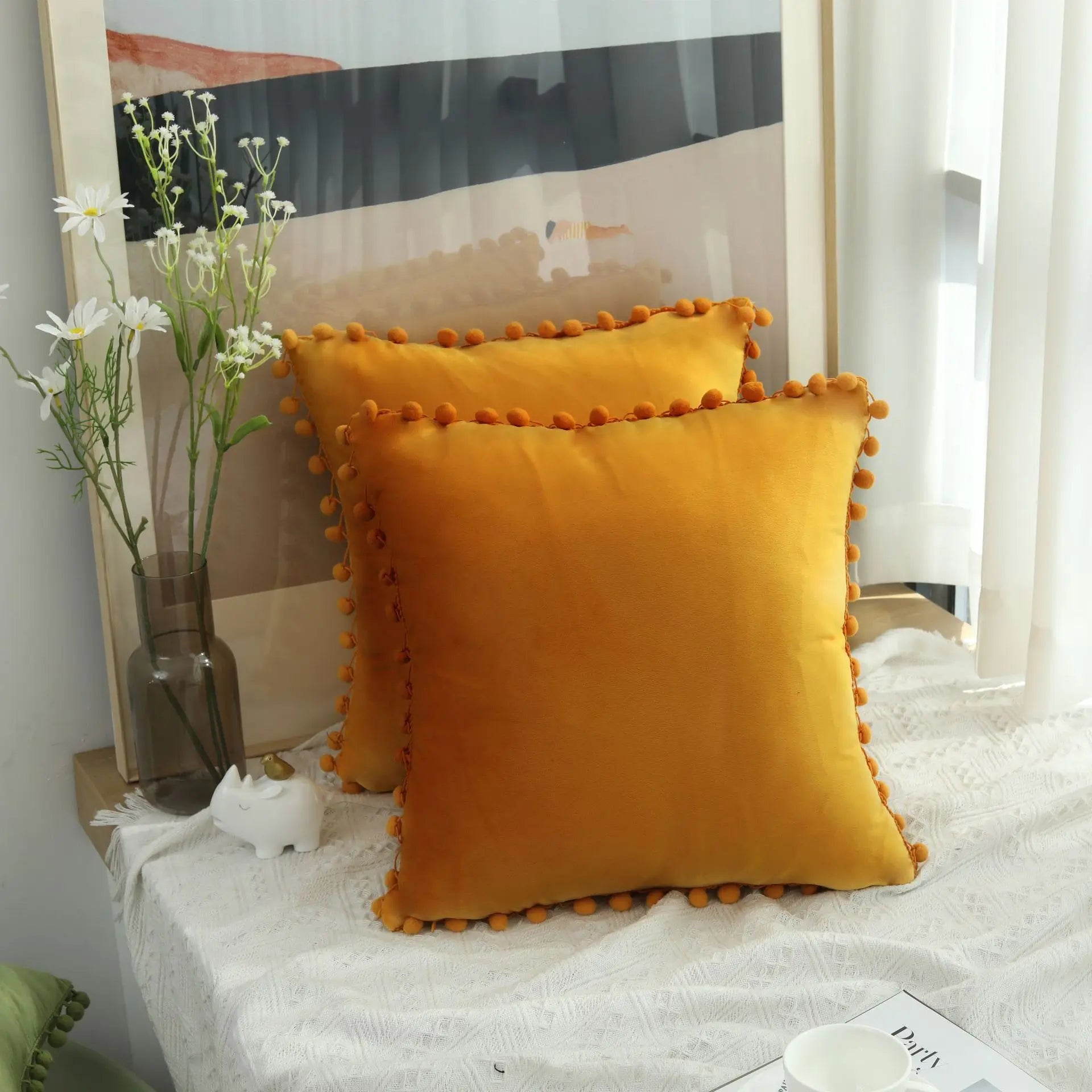Burgundy Velvet Throw Pillow Cover with Pom Pom Trim