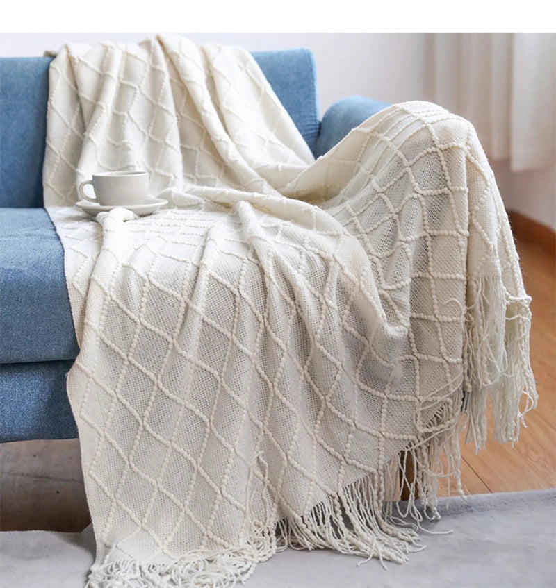 Chunky Knit Throw Blanket with Tassels – Khaki Farmhouse Oversized