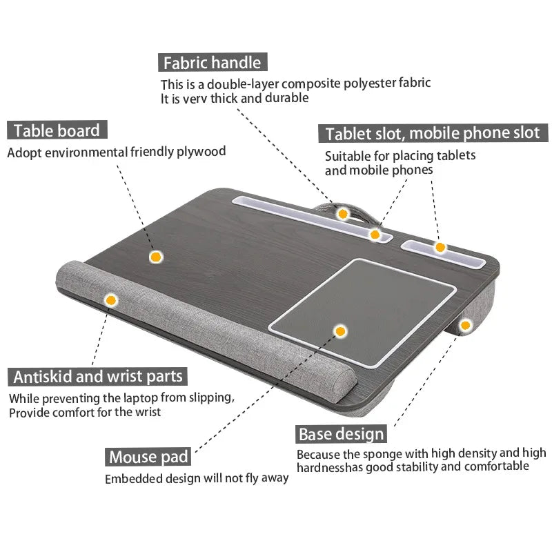 Bamboo Foldable Laptop Desk Bed Tray with Anti-Slip Bar, Mouse Pad & Rollers