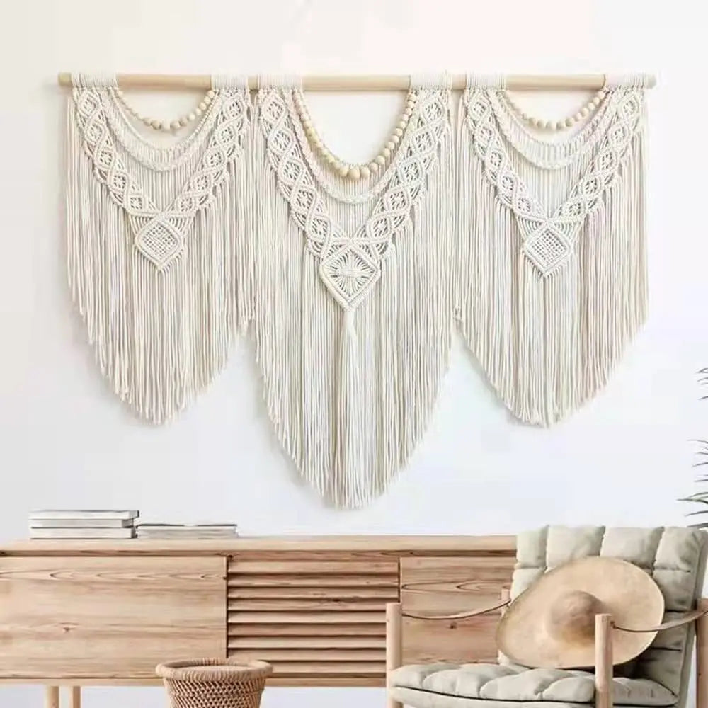 Large Boho Macrame Wall Hanging with Wooden Stick and Tassels