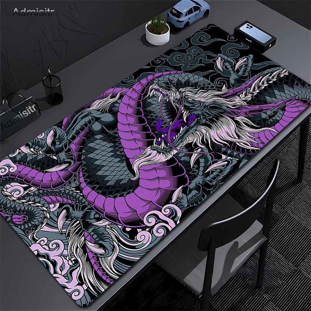 XXL Dragon Anime Gaming Desk Mat | Black & White Non-Slip Mouse Pad