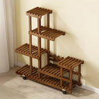 Multi-Layer Wood Plant Stand Rack Rolling Flower Pot Holder with Wheels, 5-Tier Indoor Outdoor