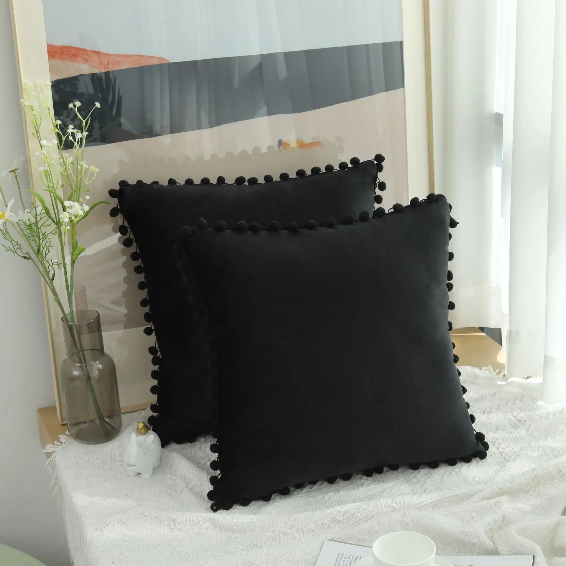 Burgundy Velvet Throw Pillow Cover with Pom Pom Trim