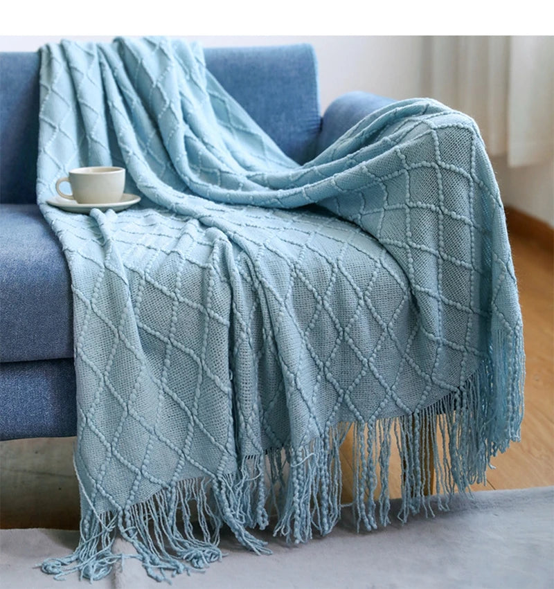 Chunky Knit Throw Blanket with Tassels – Khaki Farmhouse Oversized