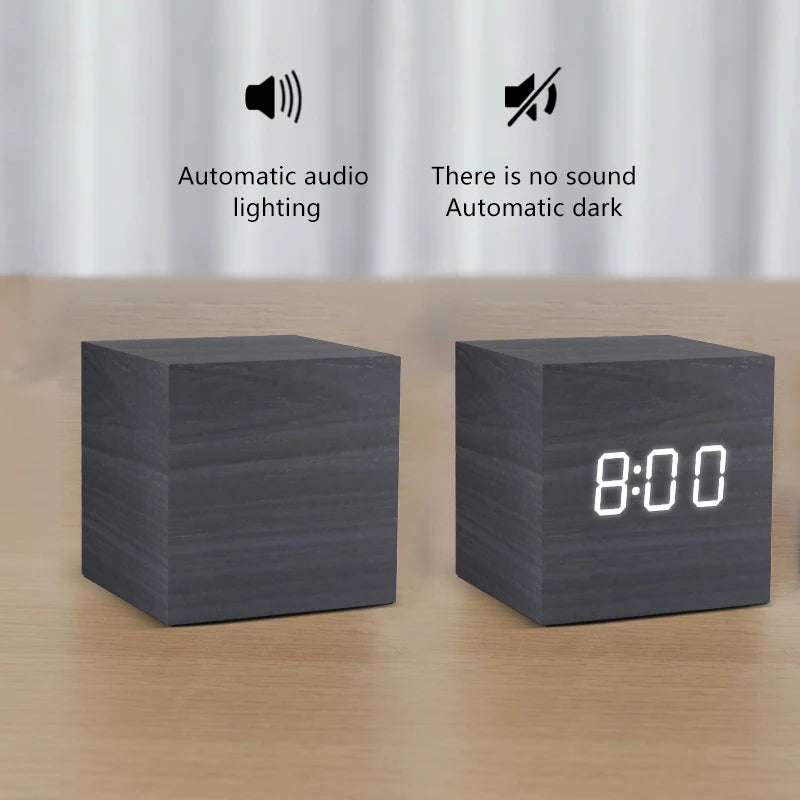 Wooden Alarm Clock Voice Control LED Digital Desk Clock USB Powered